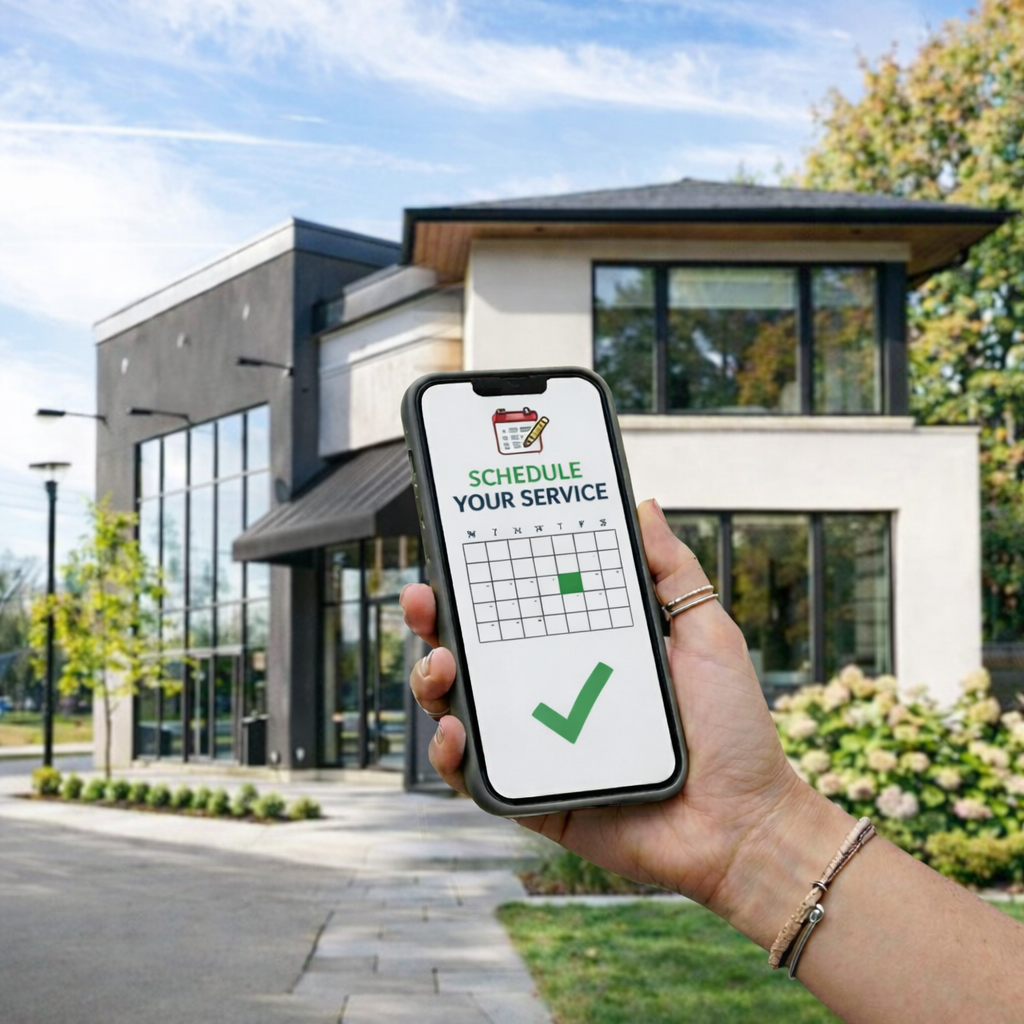 Picture of owner holding phone in front of business and phone shows "booked".