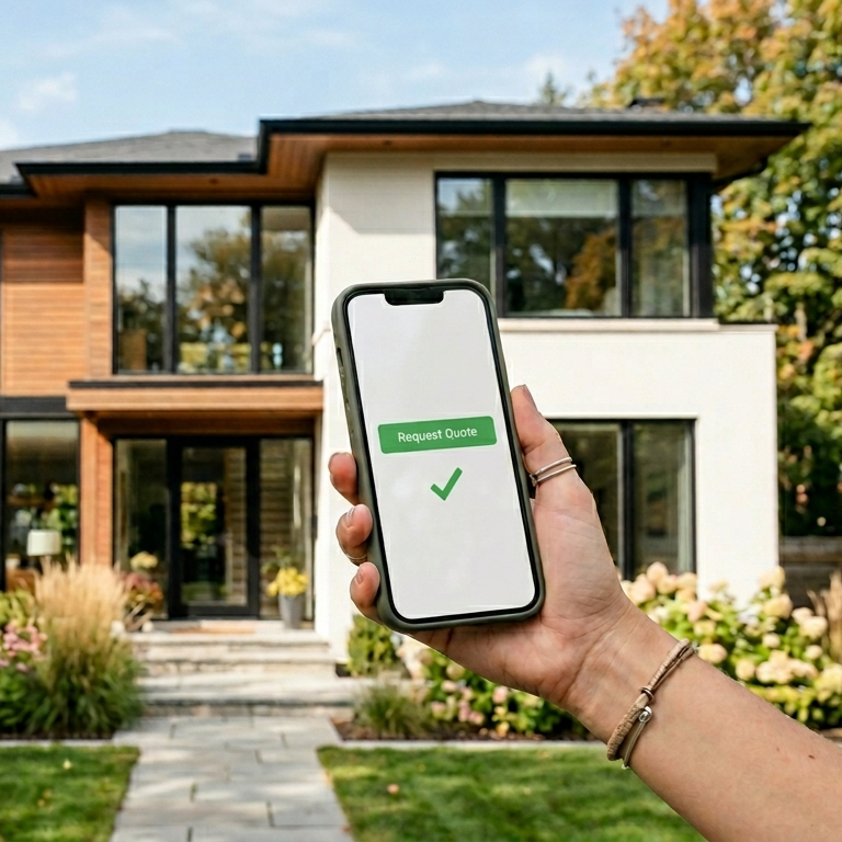Picture of home owner with owner holding phone showing a "request quote" illustration