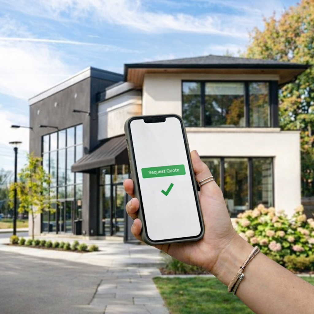 Picture of business with owner holding phone showing a "request quote" illustration